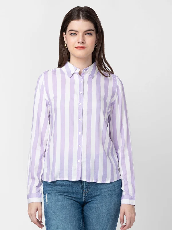 Spykar Women Lilac Cotton Slim Fit Striped Shirts Comfortable Peplum Short Shirt