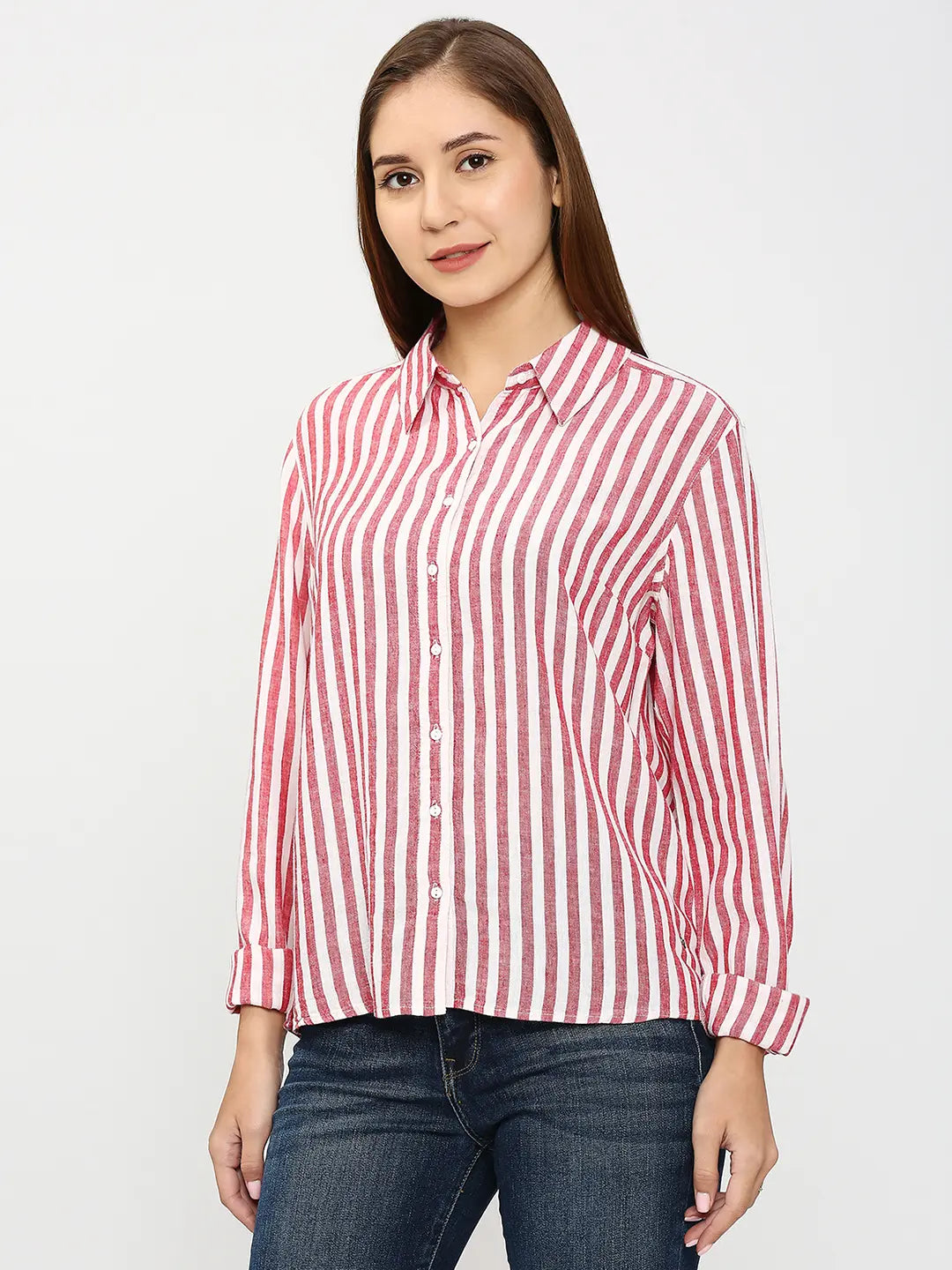 Spykar Women Red Cotton Regular Fit Striped Shirts Relaxed Fit Short Sleeve Top