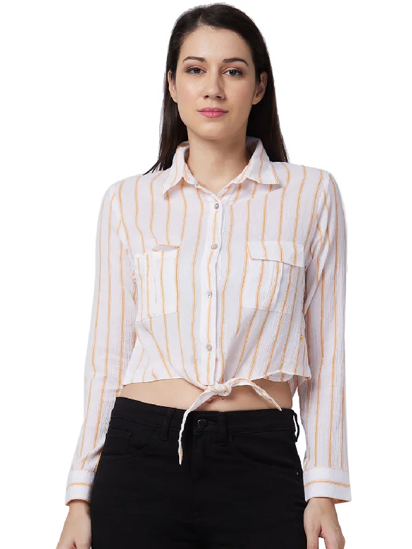 Spykar Orange Stripes Shirt For Women Elegant Draped Short Shirt