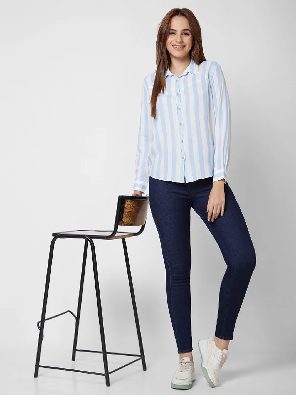 Spykar Full Sleeve Striped Blue Shirt For Women Stylish Casual Short Tee