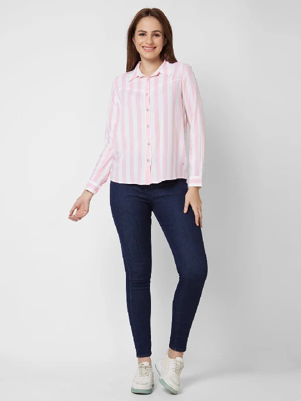 Spykar Full Sleeve Striped Pink Shirt For Women Relaxed Fit Short Shirt