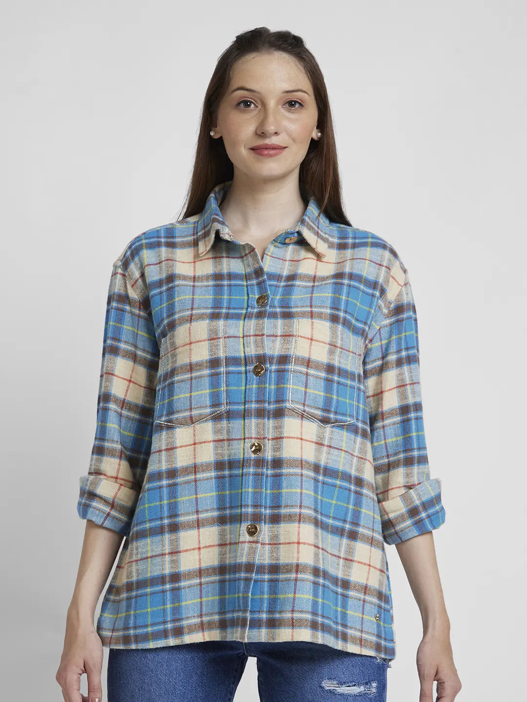 Spykar Women Blue Cotton Oversize Fit Full Sleeve Checkered Shirt Comfortable Short Sleeve Tunic