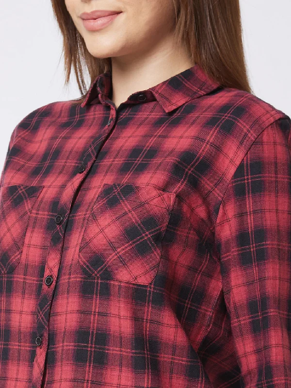 Spykar Full Sleeve Checks Red Shirt For Women Stylish Crew Neck Shirt