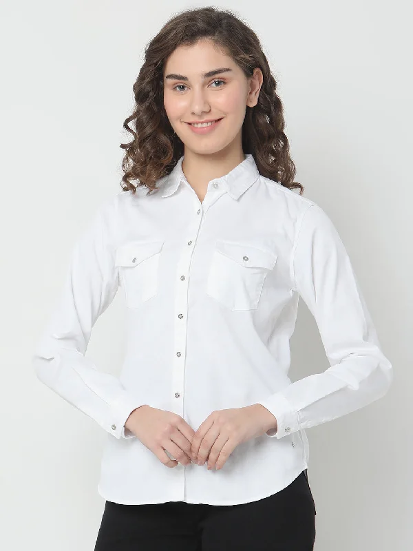 Spykar Full Sleeves Solid White Shirts for Women Classic Solid Short Shirt