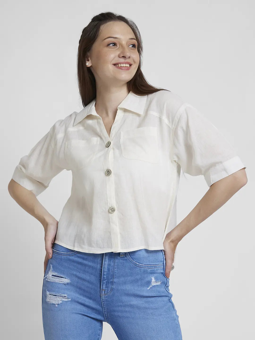 Spykar Women White Viscose Linen Slim Fit Half Sleeve Plain Crop Shirt Chic Silk Short Sleeve Shirt