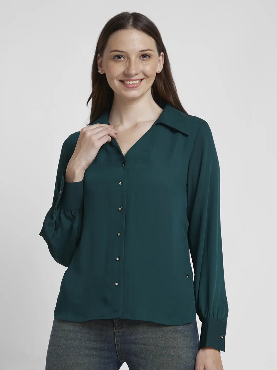 Spykar Women Dark Green Polyester Regular Fit Full Sleeve Plain Shirt Classic Casual Short Sleeve