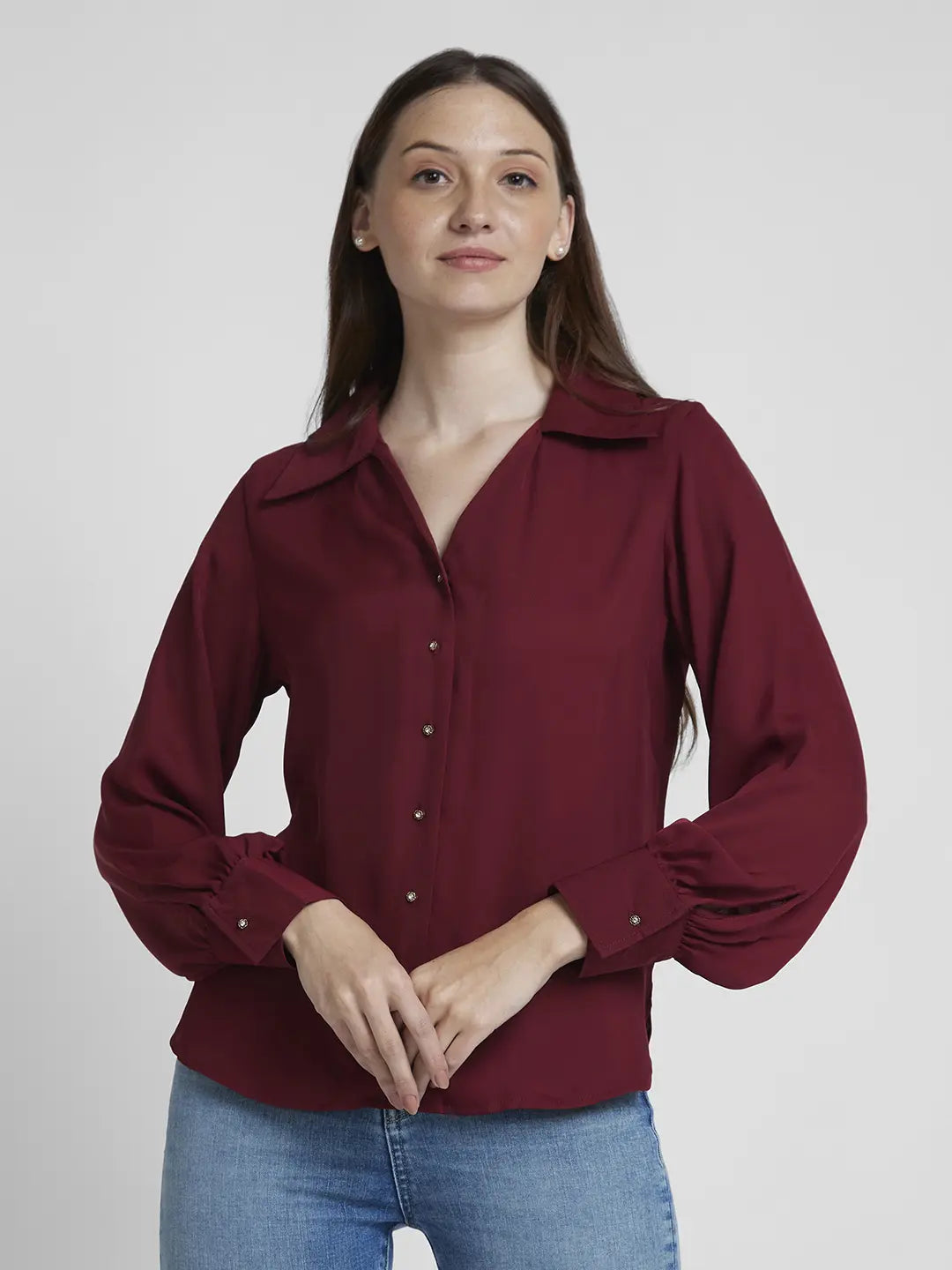 Spykar Women Dark Red Polyester Regular Fit Full Sleeve Plain Shirt Cozy Plain Short Sleeve