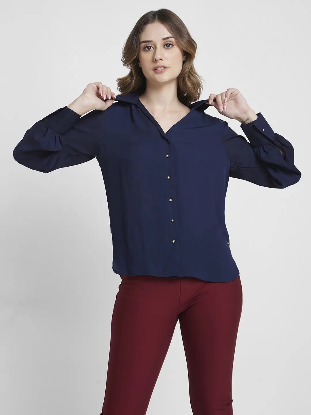 Spykar Women Navy Blue Polyester Regular Fit Full Sleeve Plain Shirt Trendy Short Sleeve Blouse