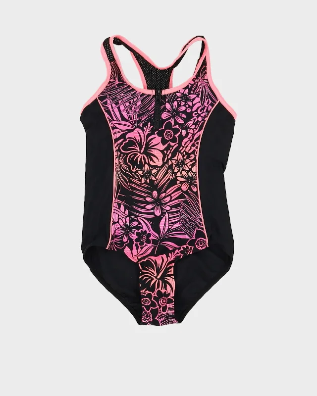 00s Y2K Black And Pink Patterned Swimsuit - XS Tropical Print Bikini