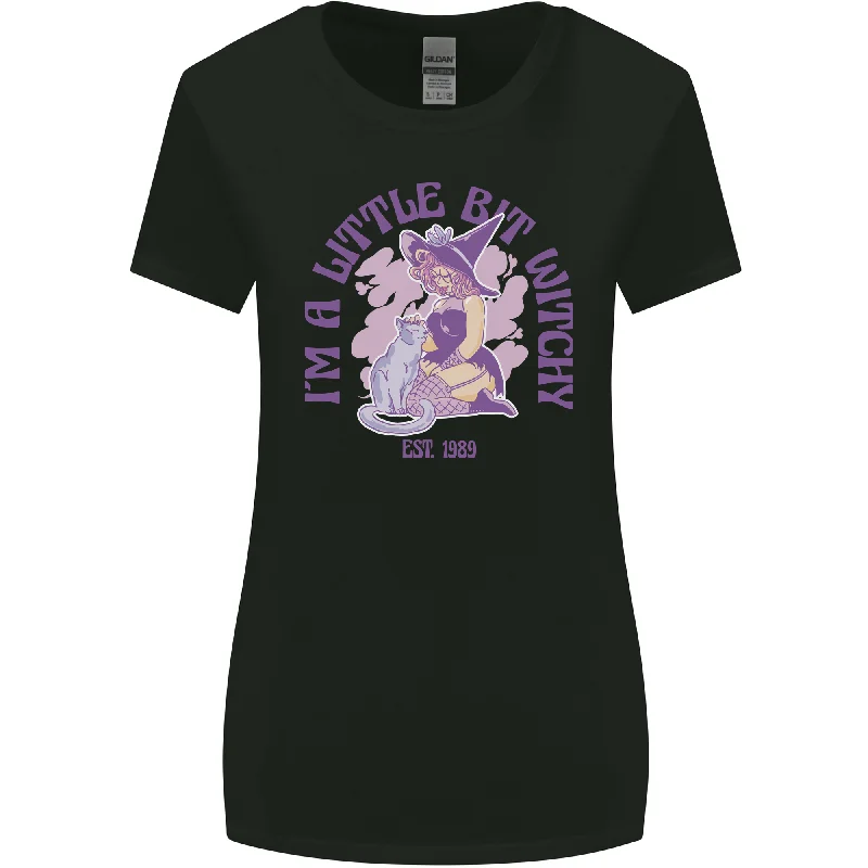A Bit Witchy Funny Halloween Cat  Witch Womens Wider Cut T-Shirt Graphic Embroidered Appliqued