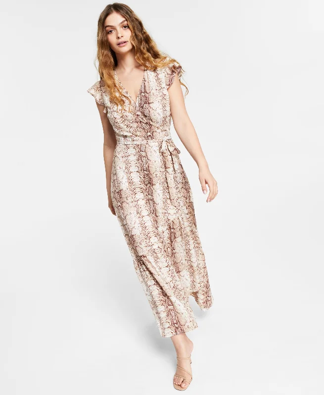 Bar III Petite Snake Print Flutter Sleeve Wrap Maxi Dress Stylish Maxi Dress with Frills