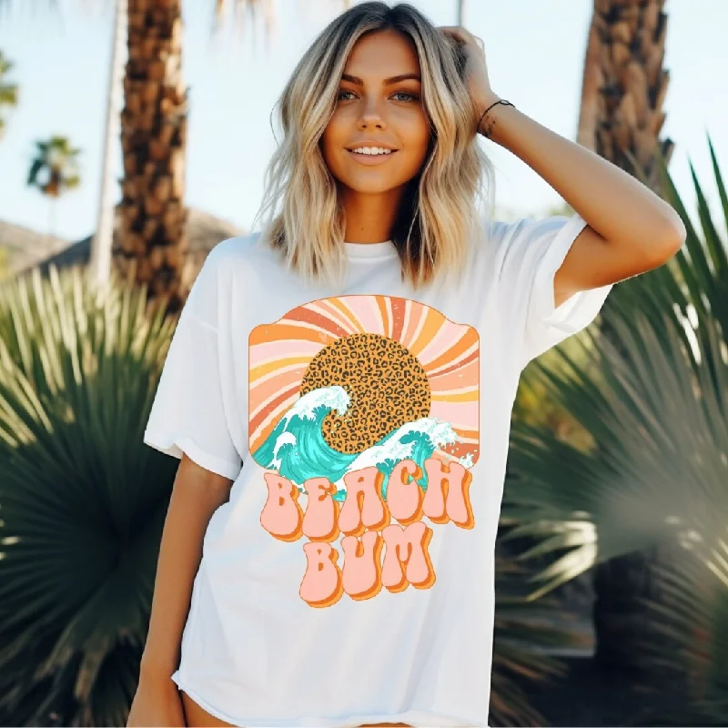 Beach Bum Leopard Sun Beach Tee - Retro Vintage Beach Tee - Trendy Beach Tee - Summer Aesthetic - White Bella Canvas Women's Unisex Tee Fleece Fabric Down Fabric Feather Fabric