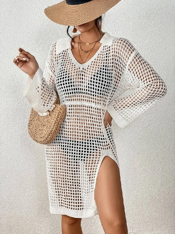 Crochet Swimwear Coverup - Long Sleeve Beach Dress Quick-Dry Swimsuit