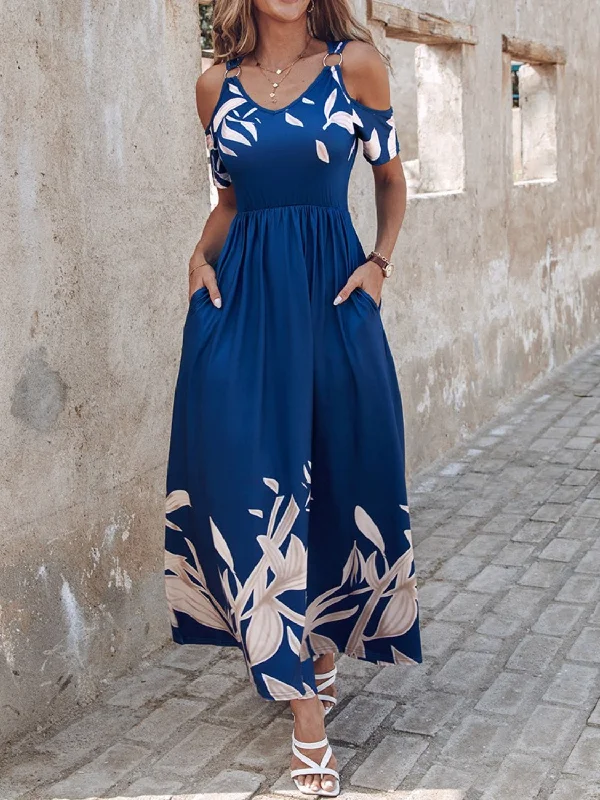 Blue Zone Planet |  Printed Cold Shoulder Short Sleeve Maxi Dress Fashionable Chiffon Maxi Dress