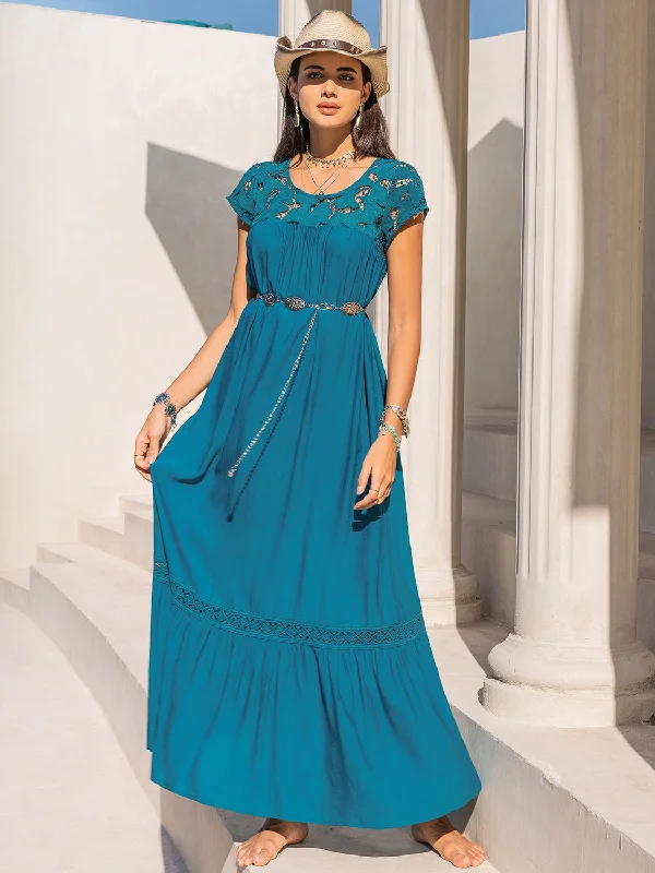 Blue Zone Planet |  Round Neck Short Sleeve Maxi Dress Comfortable Ruffle Hem Maxi Dress