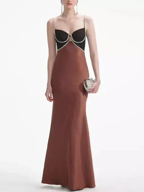 Brown Crystal-Detailed Satin Maxi Dress Comfortable Pleated Maxi Dress