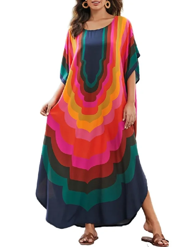 Plus Size Colorful Geometry Kaftan Swim Cover-Up V-Neck Swim Dress