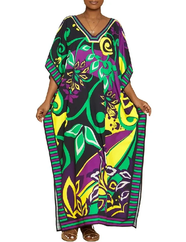 Green Print V-Neck Kaftan: Women's Swim Cover-Up & Loungewear Solid Color Swimsuit