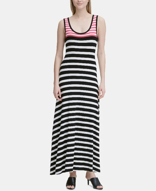 Calvin Klein Sleeveless Striped Maxi Dress Trendy Short Sleeve Maxi Dress