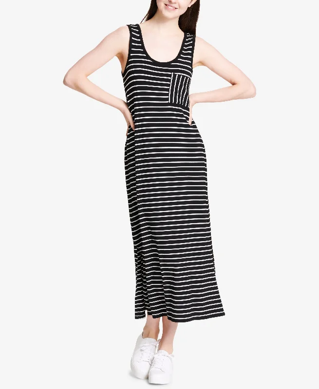 Calvin Klein Striped Patch Pocket Maxi Dress Stylish One-Shoulder Maxi Dress