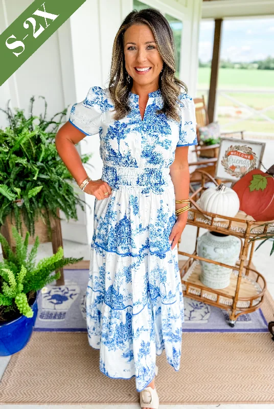 Classic Charm Printed Tiered Maxi Dress in Blue Fashionable Button-Down Maxi Dress