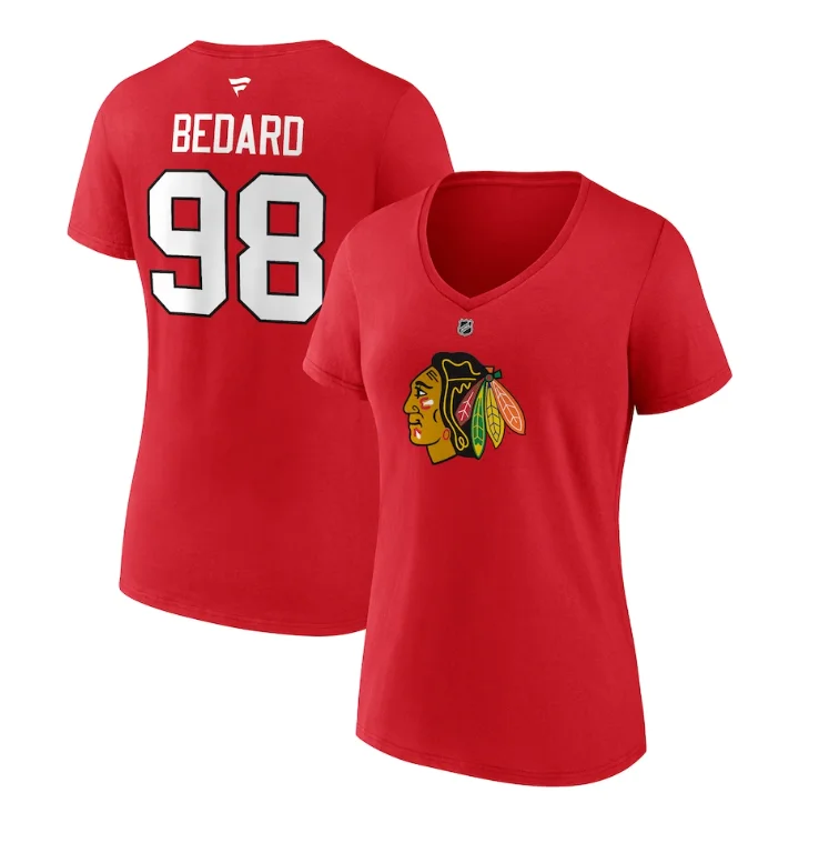 Connor Bedard Chicago Blackhawks Fanatics Women's 2023 NHL Draft Authentic & Number V-Neck T-Shirt - Red Machine Wash Dry Clean Hand Wash