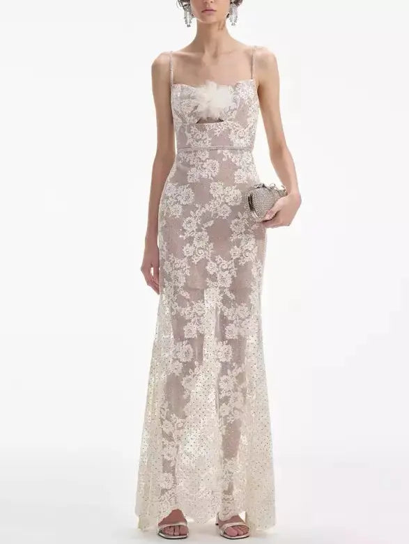 Crystal and Lace Maxi Dress with Flower Applique Elegant Maxi Dress with Pockets