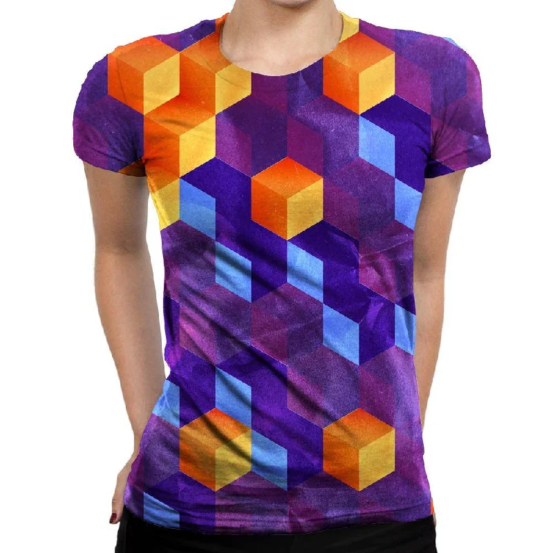 Cubed Purple Womens T-Shirt Boxy Fit Fitted Loose