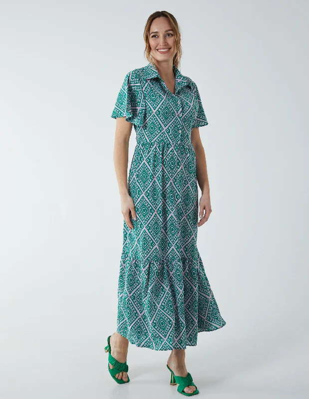 Diamond Print Angel Sleeve Maxi Dress Stylish Maxi Dress with Pleats