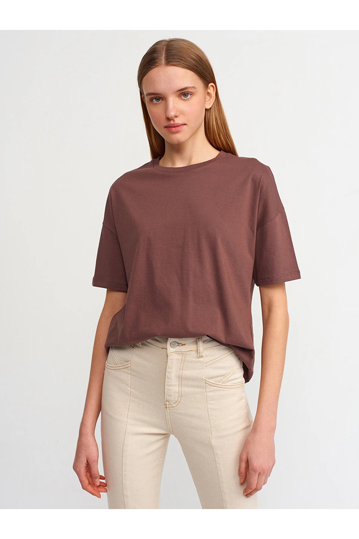 Dilvin Women's Brown Basic T-Shirt Terry Blend Velvet Blend Canvas Blend