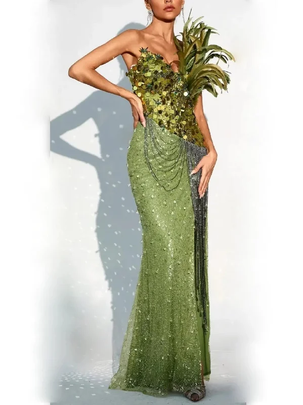 Draped Chain, Feather and Sequin-Embellished Maxi Dress Trendy Floral Print Maxi Dress