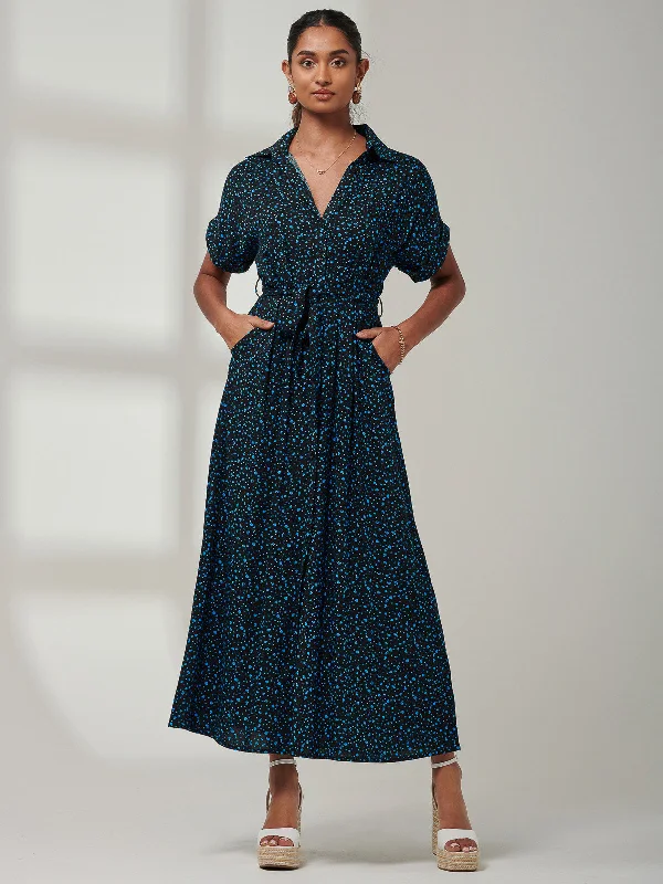 Drop Shoulder Shirt Maxi Dress, Blue Animal Cozy Maxi Dress with Slit