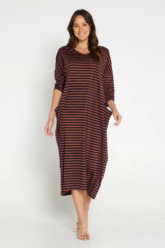 Emmy Maxi Dress - Brown Navy Stripe Trendy Maxi Dress with Belt