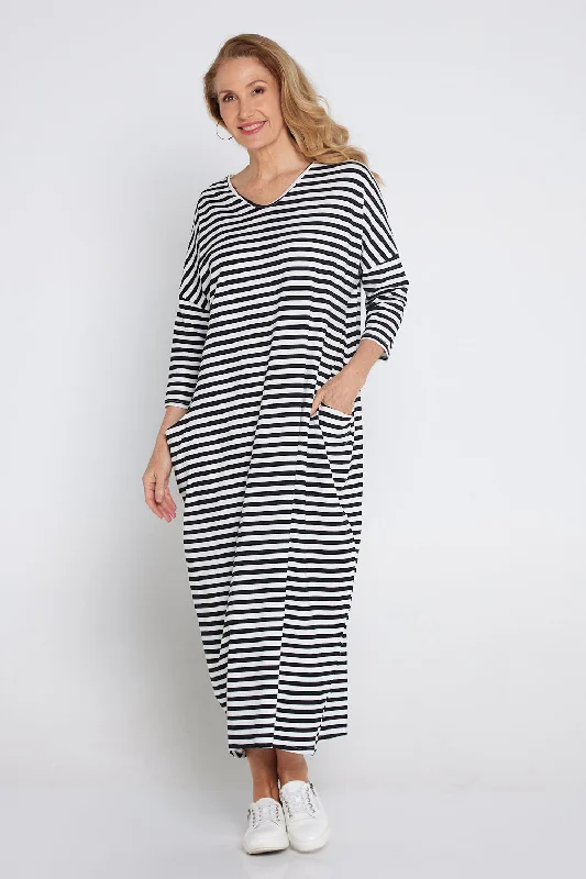 Emmy Maxi Dress - White Black Stripe Fashionable Layered Maxi Dress