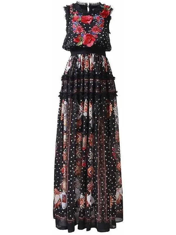 Floral Appliques Printed Mesh-Ruffled-Trim Maxi Dress Casual Maxi Dress with Pockets