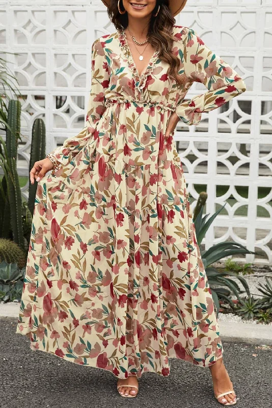 Floral Frill Trim Flounce Sleeve Plunge Maxi Dress Cozy Wrap Maxi Dress