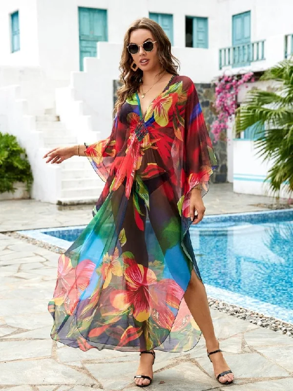 Flower Print Plus Size Kaftan Swimsuit Cover Up Sexy Swimwear Set