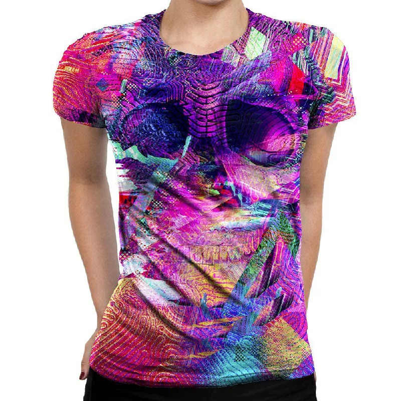 Glitch Skull Womens T-Shirt Welt Pockets Slit Pockets Flap Pockets