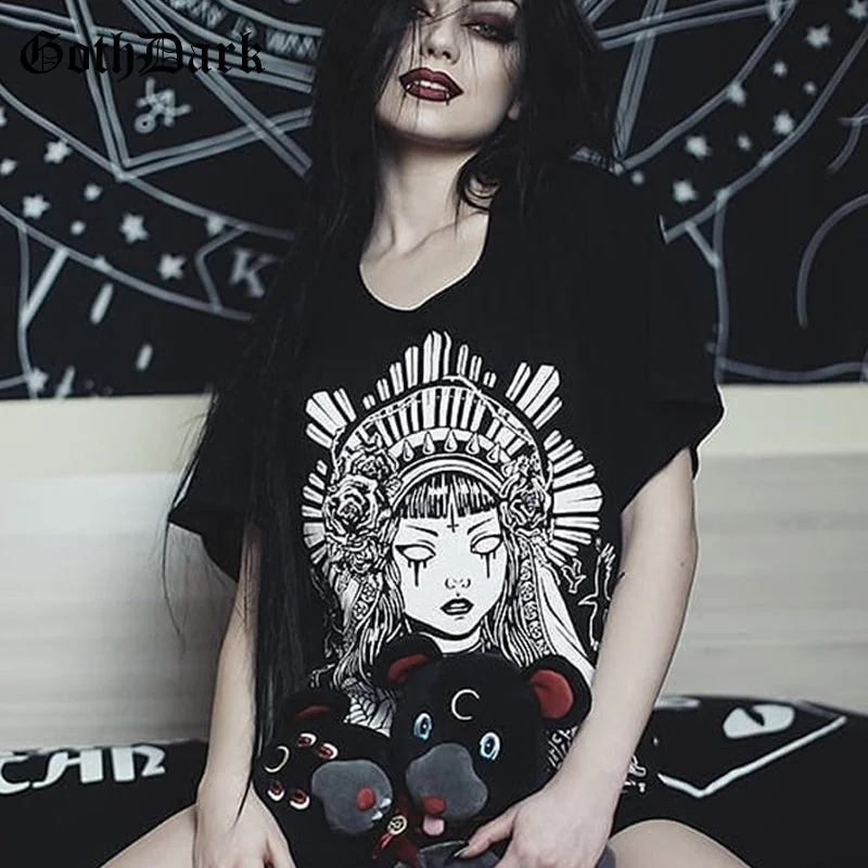 Goth Dark Grunge Black Print T-shirts Gothic Loose Punk Harajuku Streetwear Summer 2019 T-shirt Female Fashion Aesthetic T shirt Front Pockets Side Pockets Patch Pockets