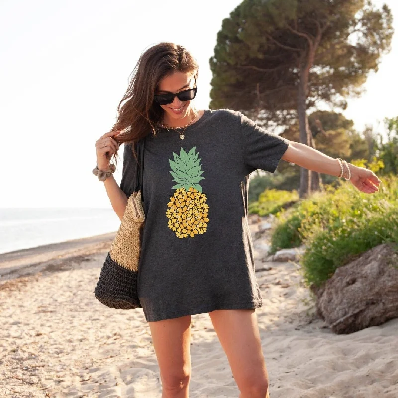 Hawaiian Beach Tee - Puakenikeni Flower Pineapple Tee - Women's Oversized Summer Beach Tee - Bella Canvas Unisex Tee Collared T-Shirt Boat Neck A-Line