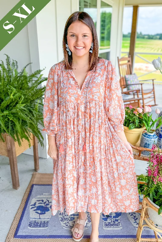 The Gardenia Floral Maxi Dress in Coral Elegant Tiered Maxi Dress