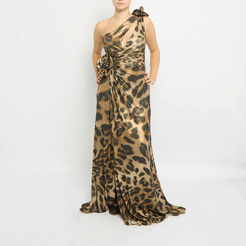 Satin Leopard Print Halter Neck Flower Detail Maxi Dress - UK 8 Stylish Maxi Dress with Frills