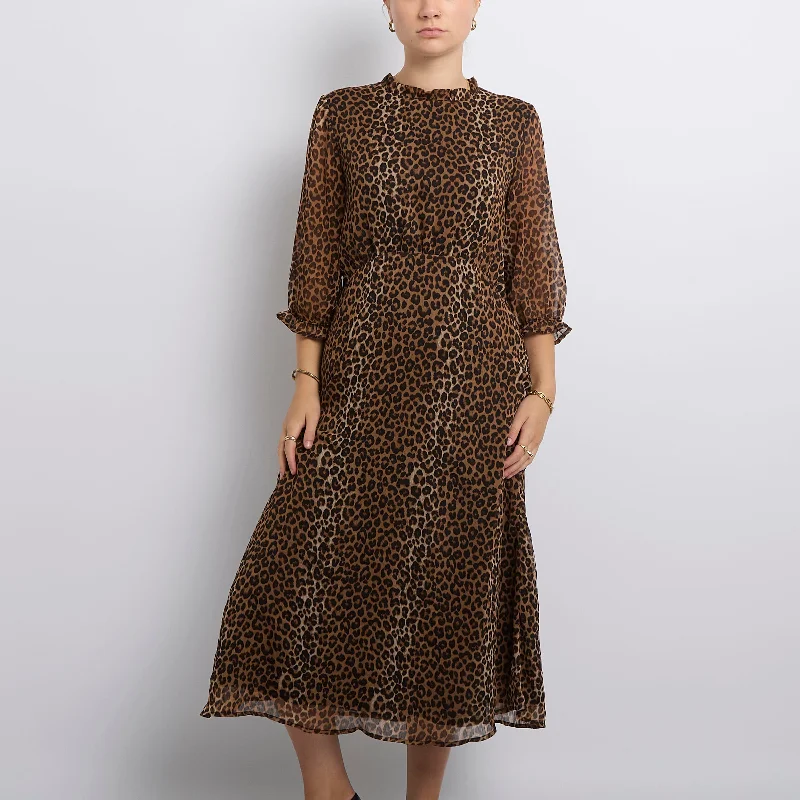 Leopard Print High Ruffle Neck Maxi Dress- UK 12 Stylish A-Line Maxi Dress