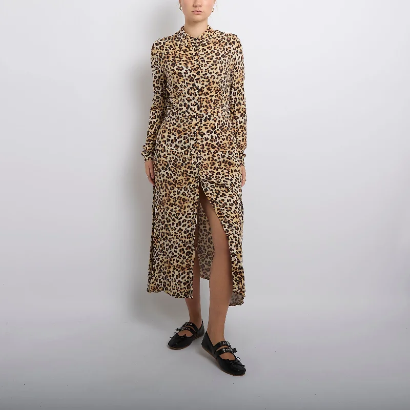 Leopard Print Shirt Maxi Dress- UK 10 Elegant Silk Maxi Dress