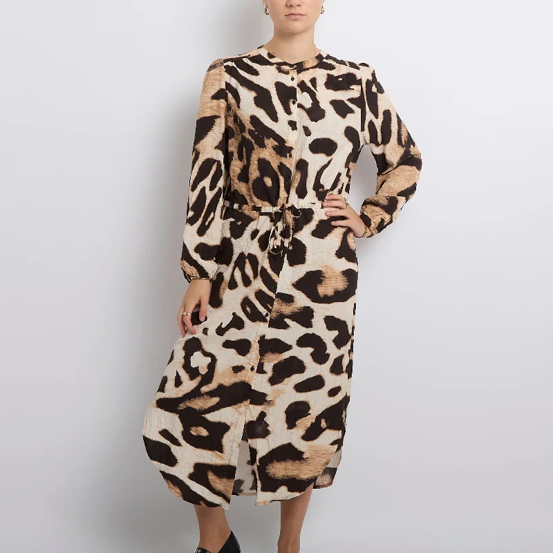 Leopard Print Tie Waist Maxi Dress- UK 10 Elegant Maxi Dress with Ruffles