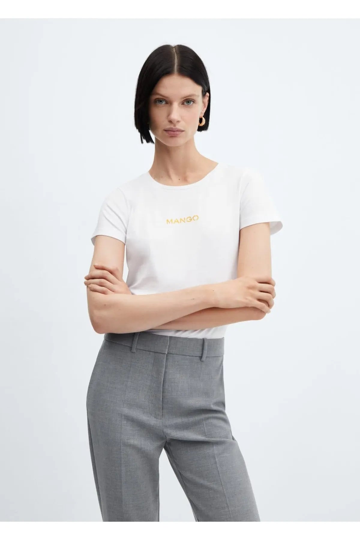 Mango Women's White Cotton logo T-Shirt Notch Collar Peter Pan Collar Cowl Neck