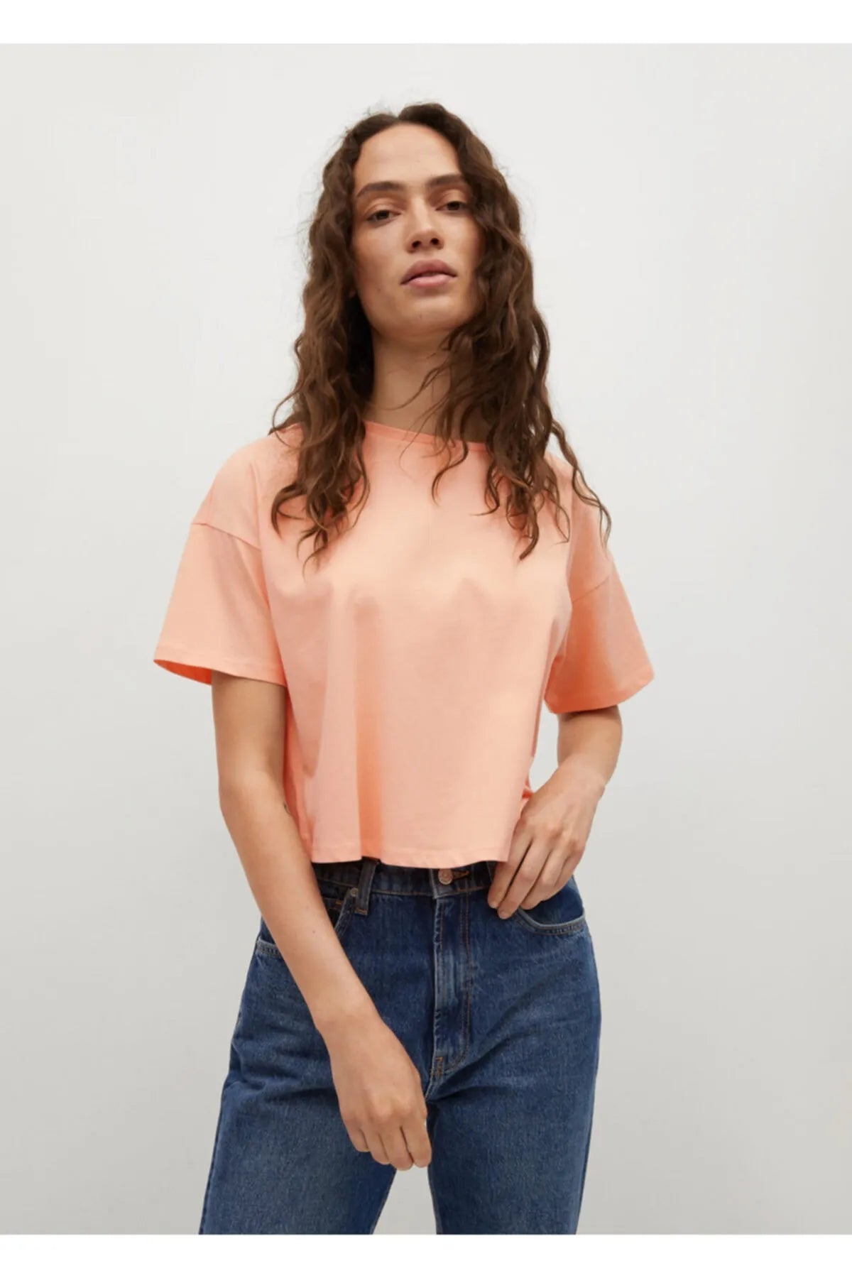 Mango Women's Pinkish Orange Short Cotton T-Shirt Satin Blend Silk Blend Wool Blend