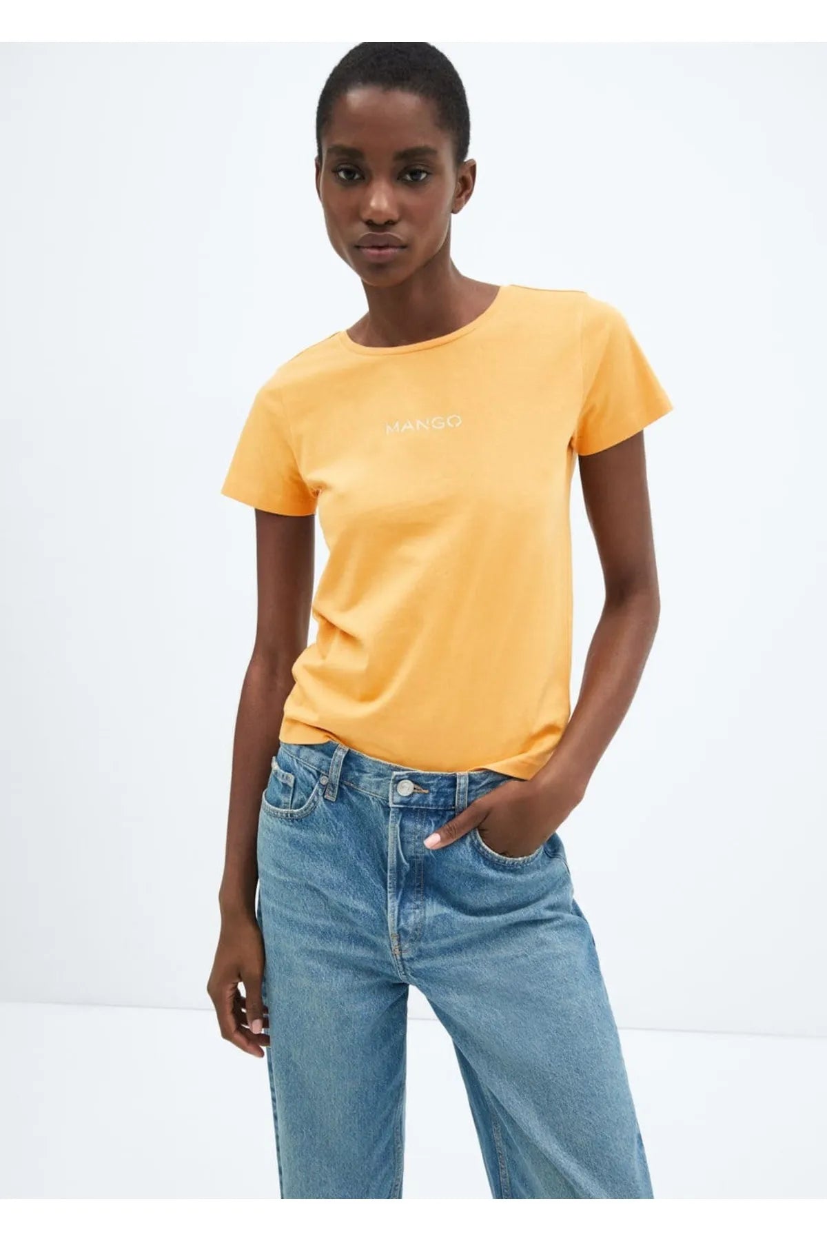 Mango Women's Yellow Cotton logo T-Shirt Embroidered Appliqued Beaded