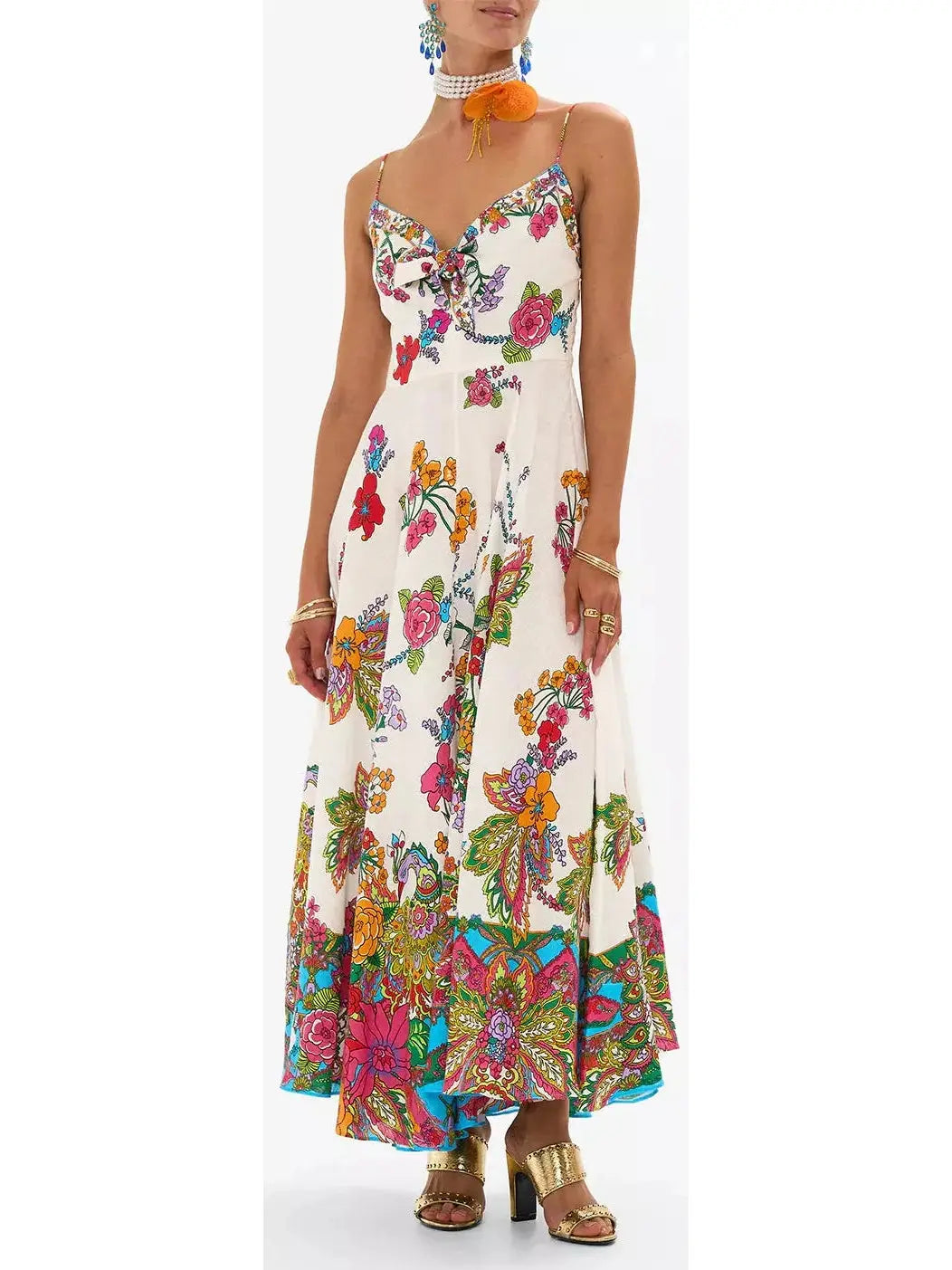 Multicolored Floral-Printed Tie-Front Linen Maxi Dress Cozy Open-Back Maxi Dress