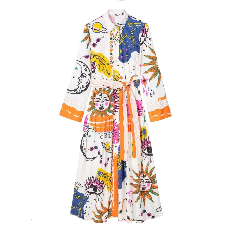 Boho Printed Long Sleeves Belted Maxi Dress Comfortable Flowy Maxi Dress